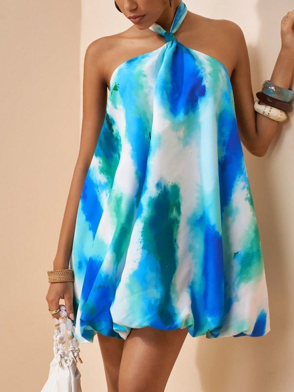 Multicolor Boho Women's Floral Puff Tie-Up Halter Backless A-Line Mini Dress